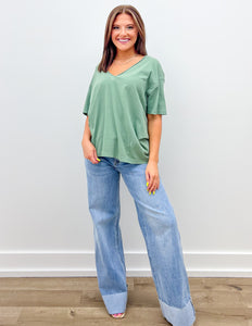 Never Looking Back V-Neck SS Knit Top in Olive