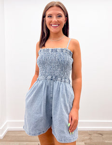 Sticking Around Smocked Denim Romper