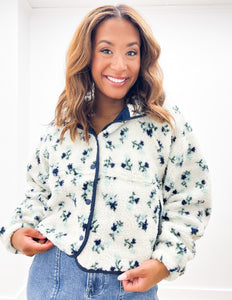 Remember Me Floral Print Fleece Jacket in Ivory/Navy