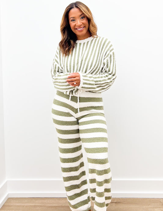 Take Me Home Striped Round Neck Sweater in Ivory/Olive