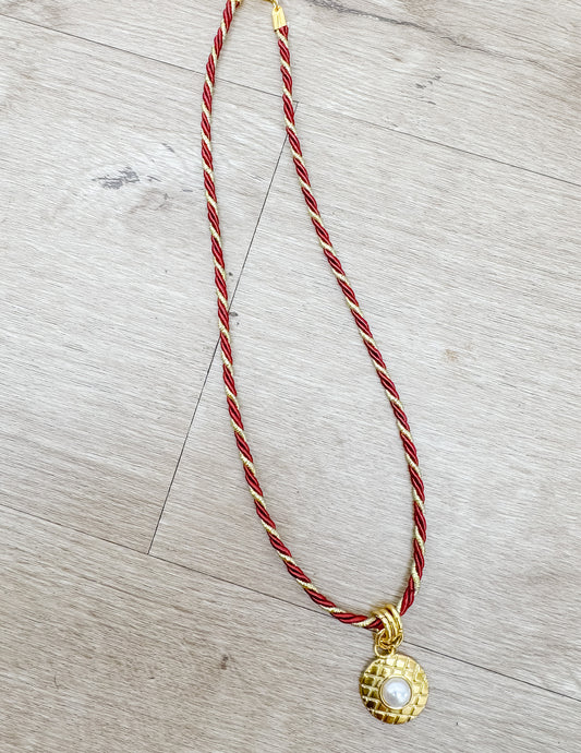 Everyday Trendy Small Maroon/Gold Cord Necklace