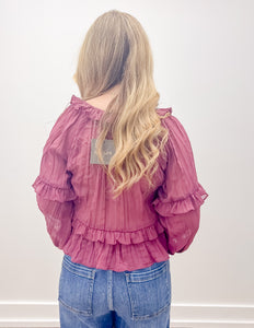 Running For You Scoop Neck Ruffle Blouse in Dark Rose