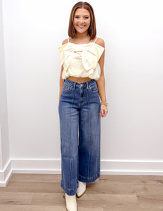 Turn It Up High Rise Pin Tuck Detail Wide Leg Jeans in Dark Denim