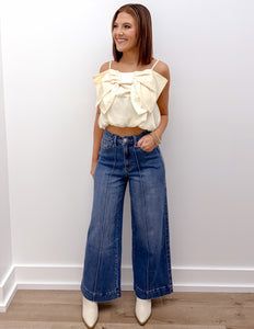 Turn It Up High Rise Pin Tuck Detail Wide Leg Jeans in Dark Denim