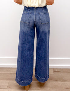 Turn It Up High Rise Pin Tuck Detail Wide Leg Jeans in Dark Denim