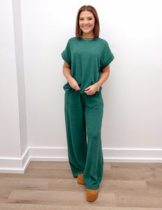 Loving Me Today Slub SS Tee & Long Pants Set in Hunter Green