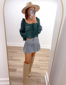 Running For You Scoop Neck Ruffle Blouse in Dark Green