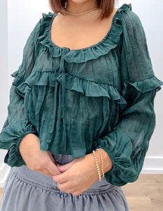 Running For You Scoop Neck Ruffle Blouse in Dark Green
