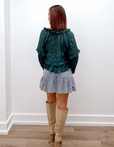 Running For You Scoop Neck Ruffle Blouse in Dark Green