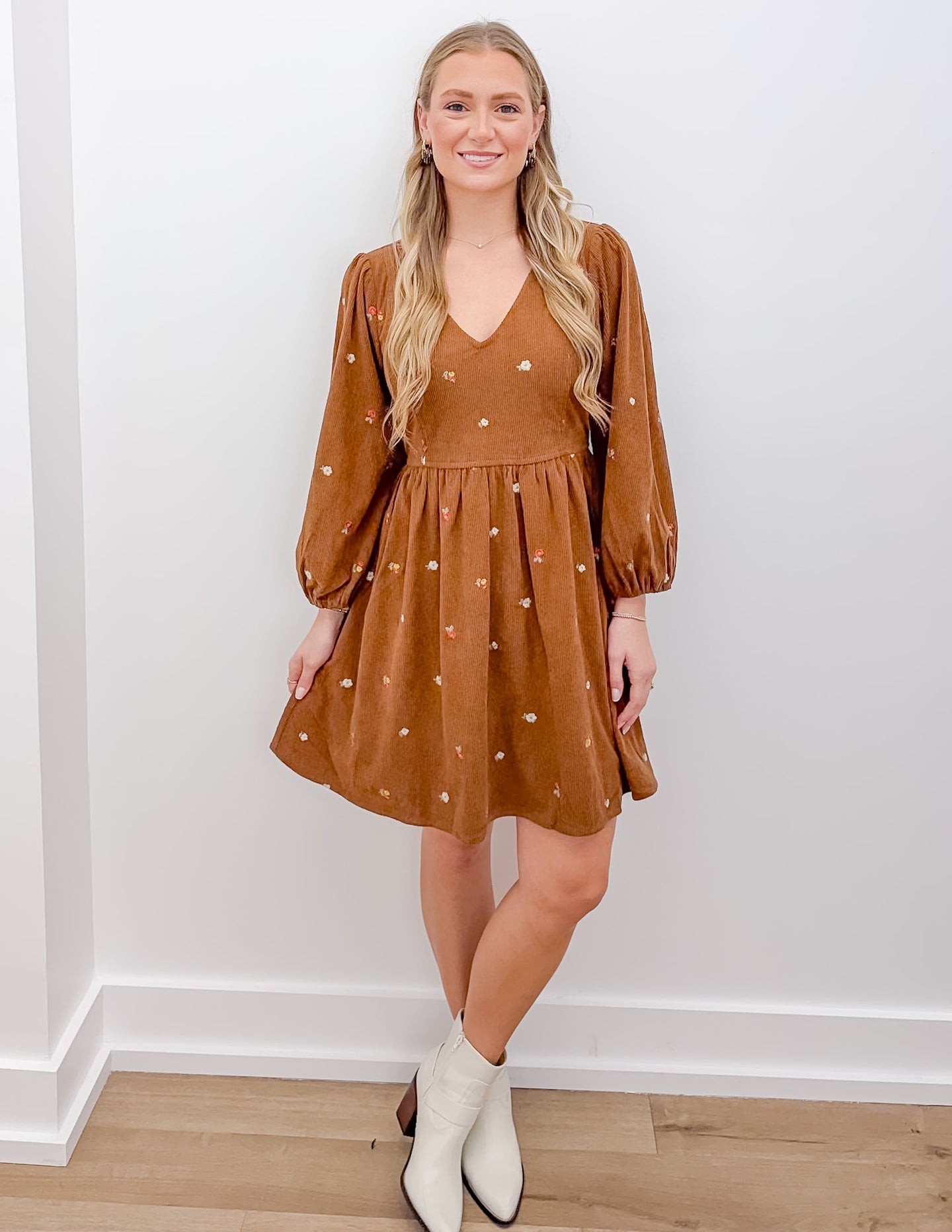 Same As Me Floral Embroidered Corduroy Mini Dress in Mocha