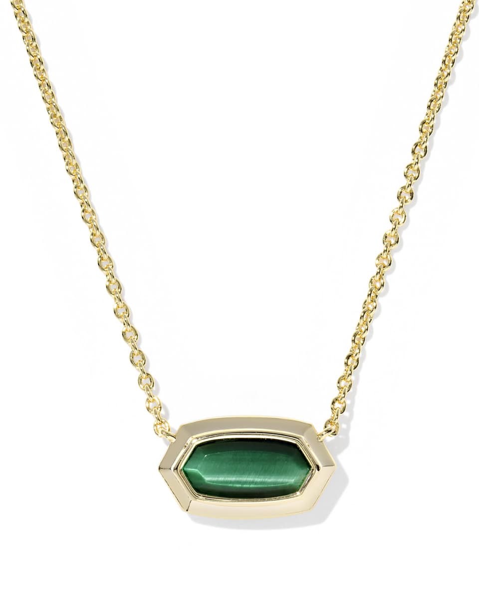 Kendra Scott Elisa Bezel PNDNT Necklace in Gold- Green Tigers Eye