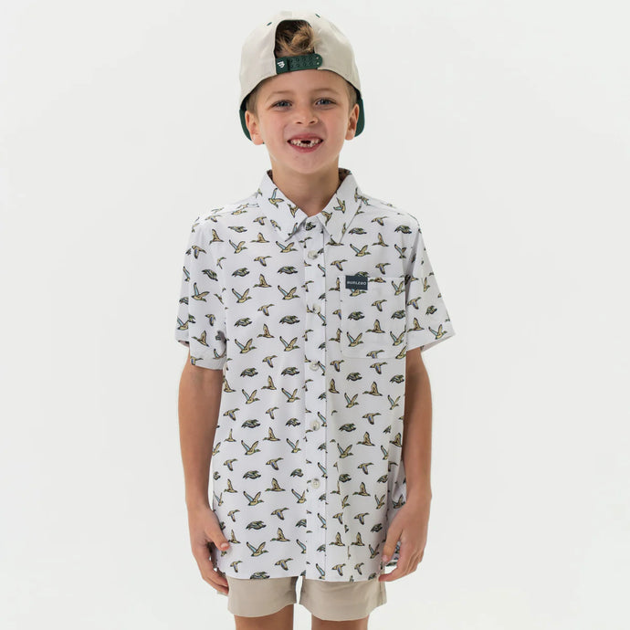 Burlebo Youth Performance Button Up in Flying Mallard Ducks