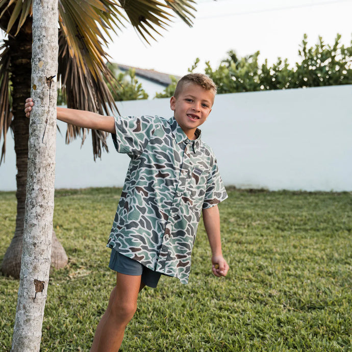 Burlebo Youth Performance Button Up in Retro Duck Camo