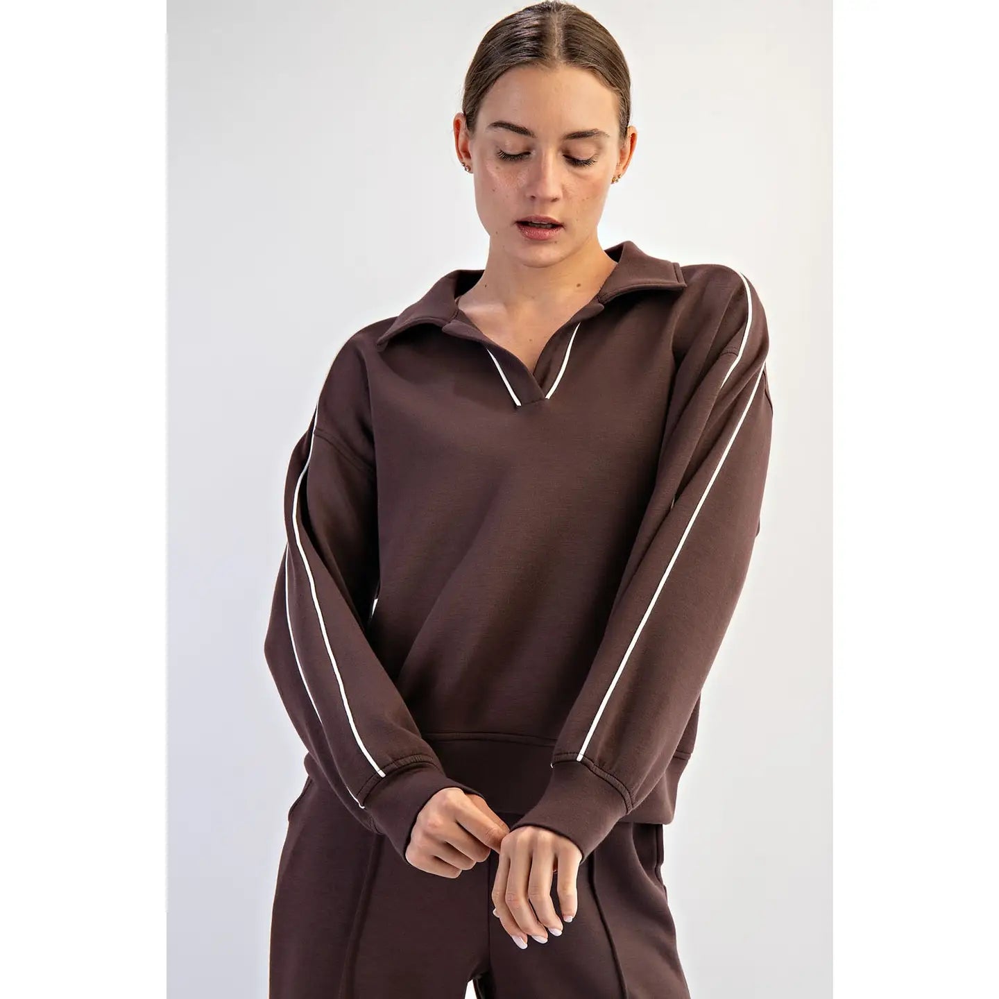 Hurry Up Modal Scuba Double Piping Polo Top in Espresso