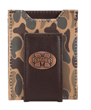 Load image into Gallery viewer, MSU Bulldogs Magnetic Front Pocket Old School Camo Leather Wallet: Brown/Tan