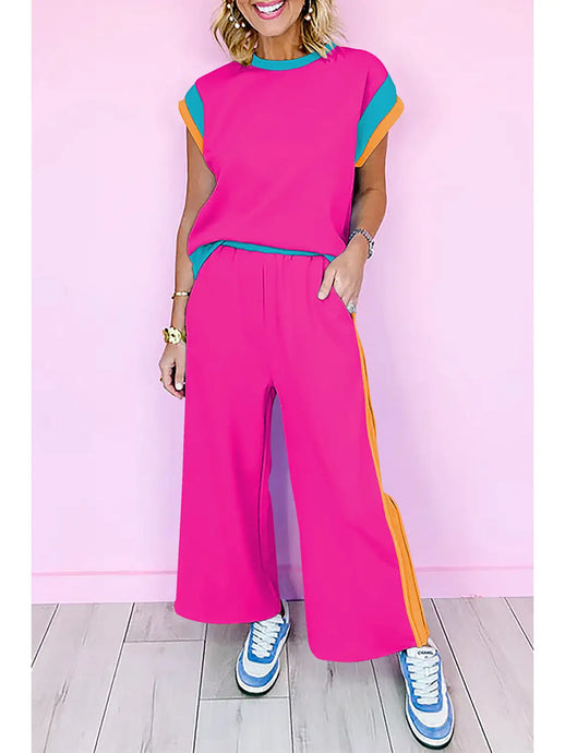 Crazy And Cute Colorblock Pullover And Pants Set in Strawberry Pink