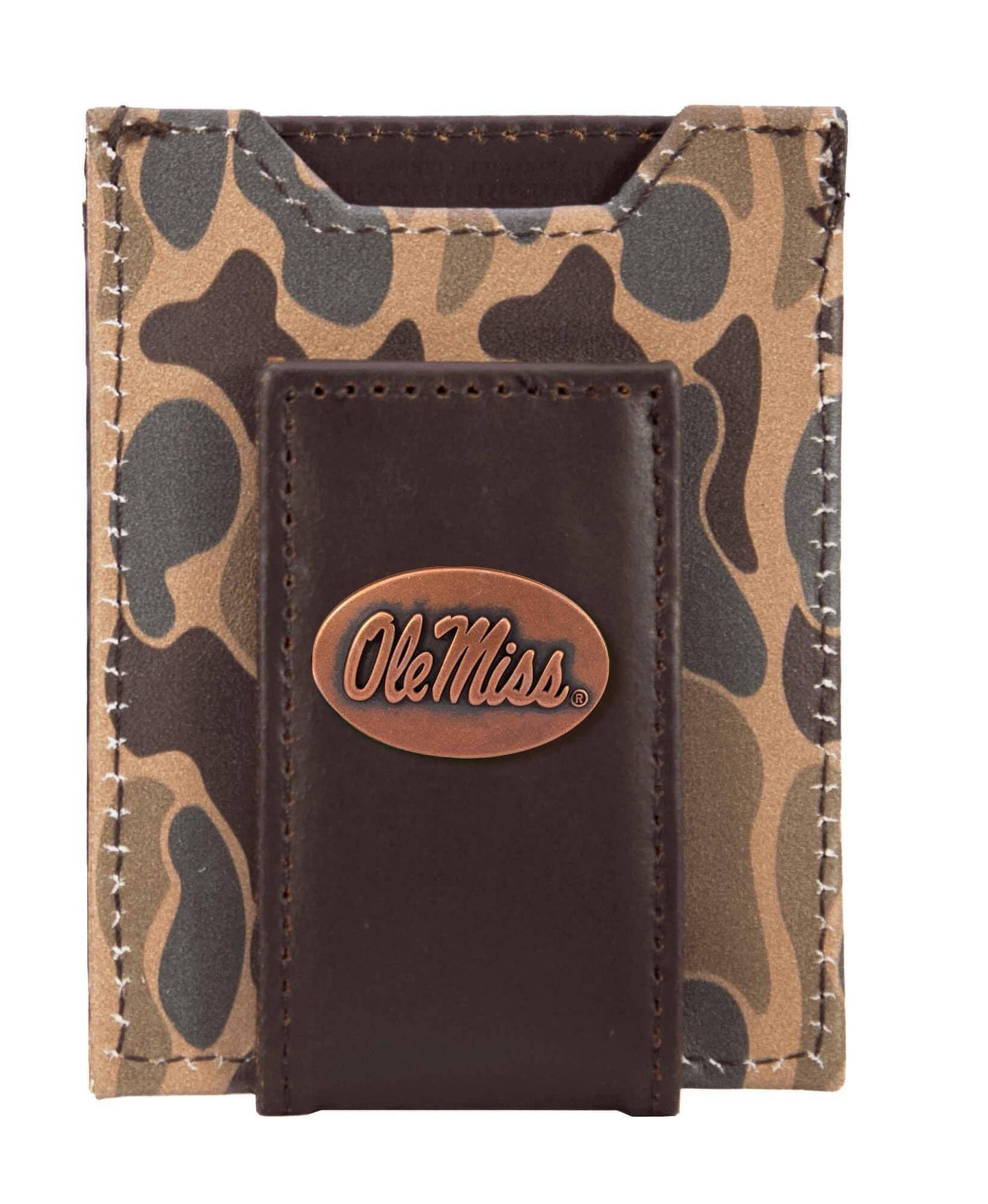 Ole Miss Rebels Magnetic Front Pocket Old School Camo Leather Wallet: Brown/Tan