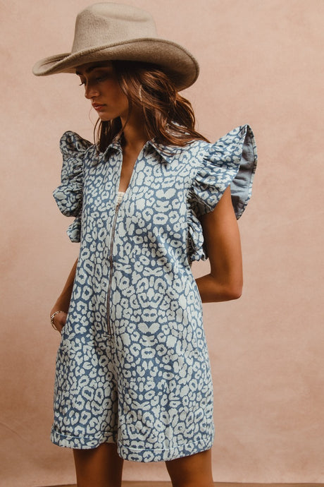 Leopard Denim Ruffle Front Zip Romper