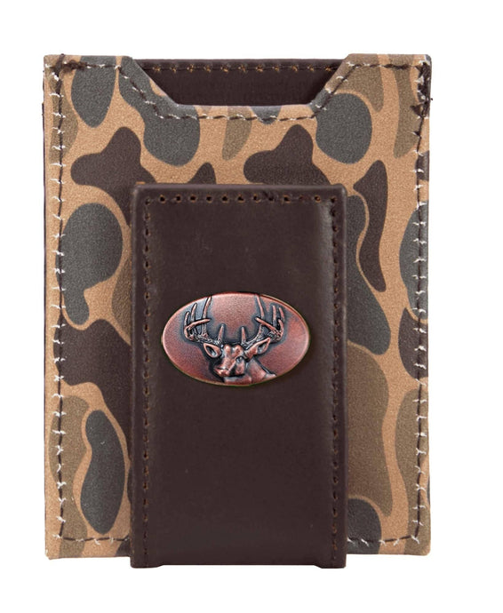 Buck Men's Magnetic Front Pocket Old School Camo Leather Wallet: Brown/Tan Camo
