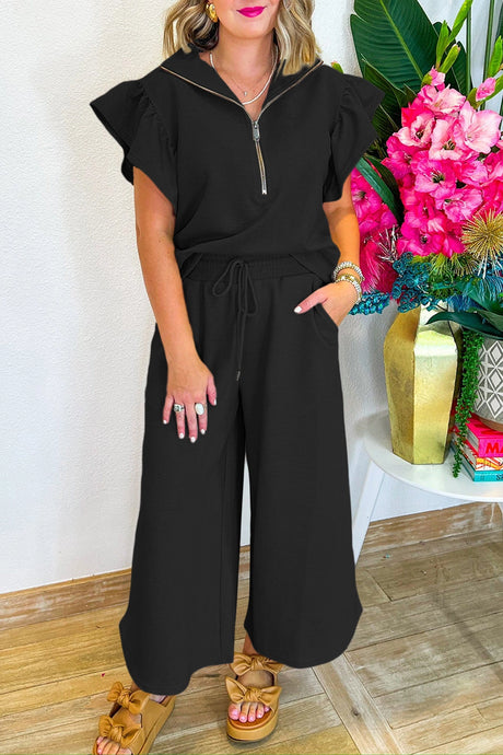 Broken Down Ruffle Top and Pants Set in Black