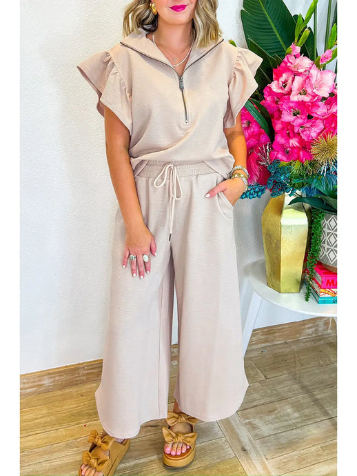 Broken Down Ruffle Top and Pants Set in Apricot