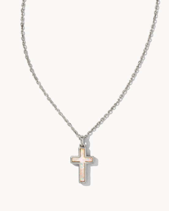 Kendra Scott Cross Pendant Necklace in Silver White Opal
