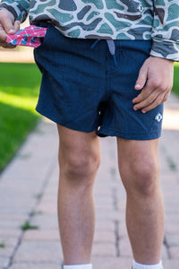 Burlebo Youth Athletic Shorts in Heather Navy American Flag Liner